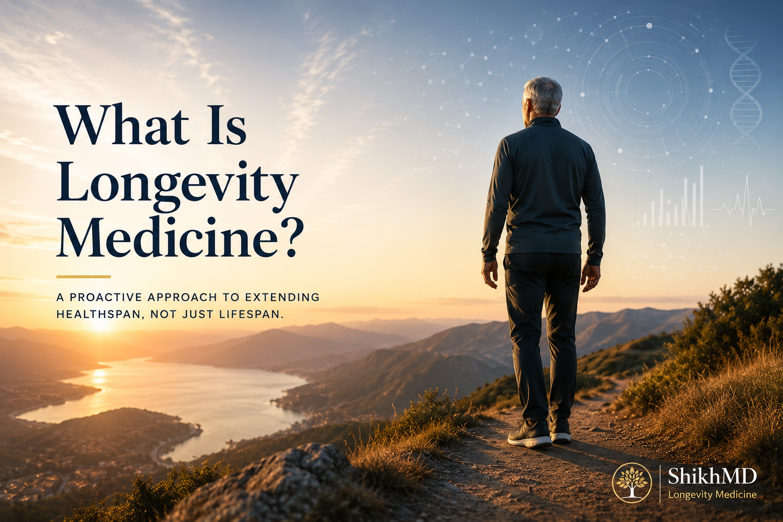 Older adult walking on a mountain trail at sunrise with the title What Is Longevity Medicine?