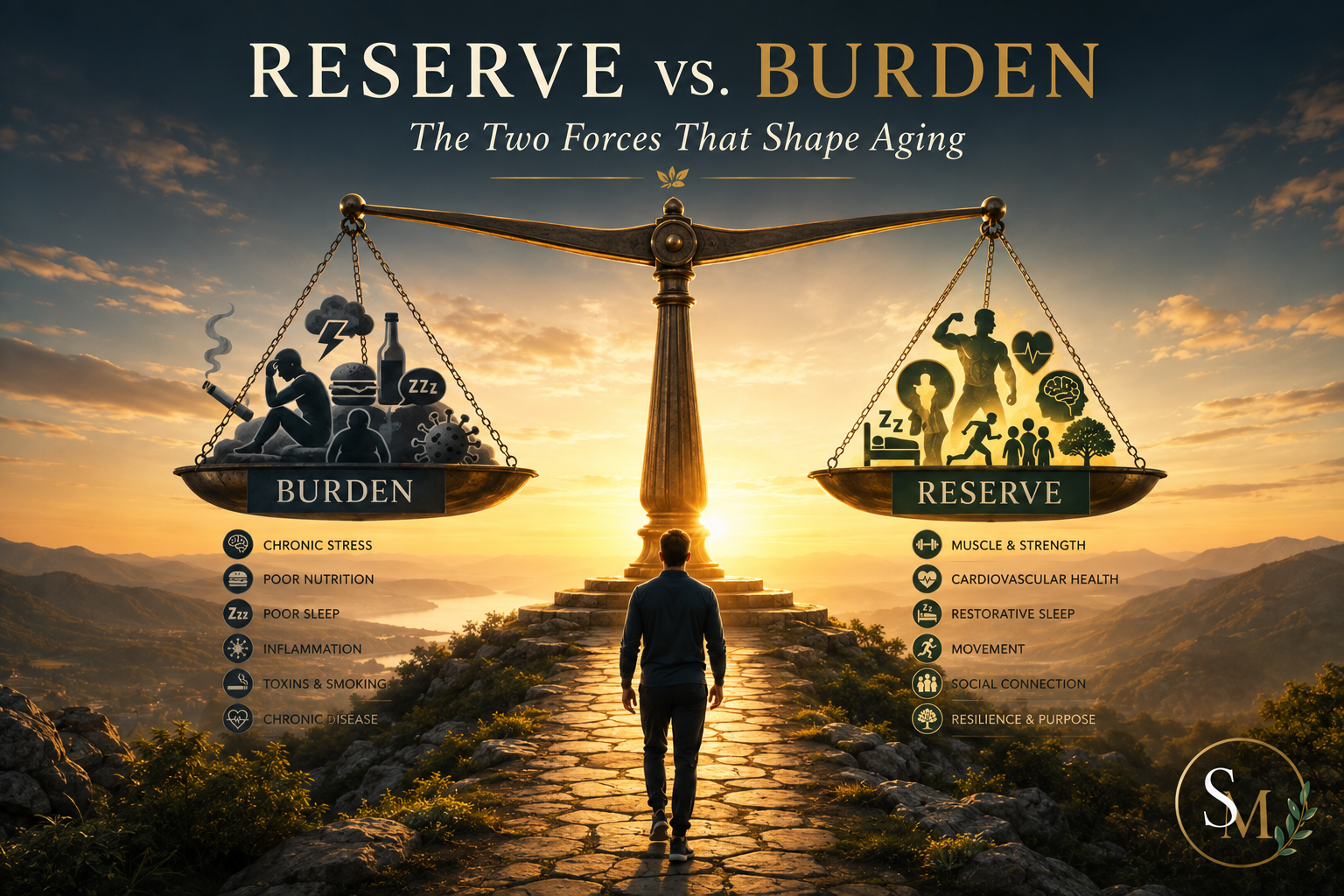 Reserve versus burden balance scale illustrating the forces that shape healthy aging.