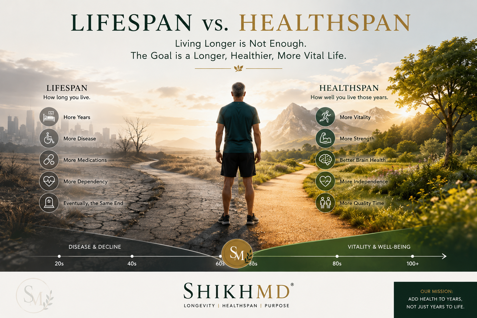 Lifespan versus healthspan infographic showing disease and decline contrasted with vitality, strength, brain health, independence, and quality time.