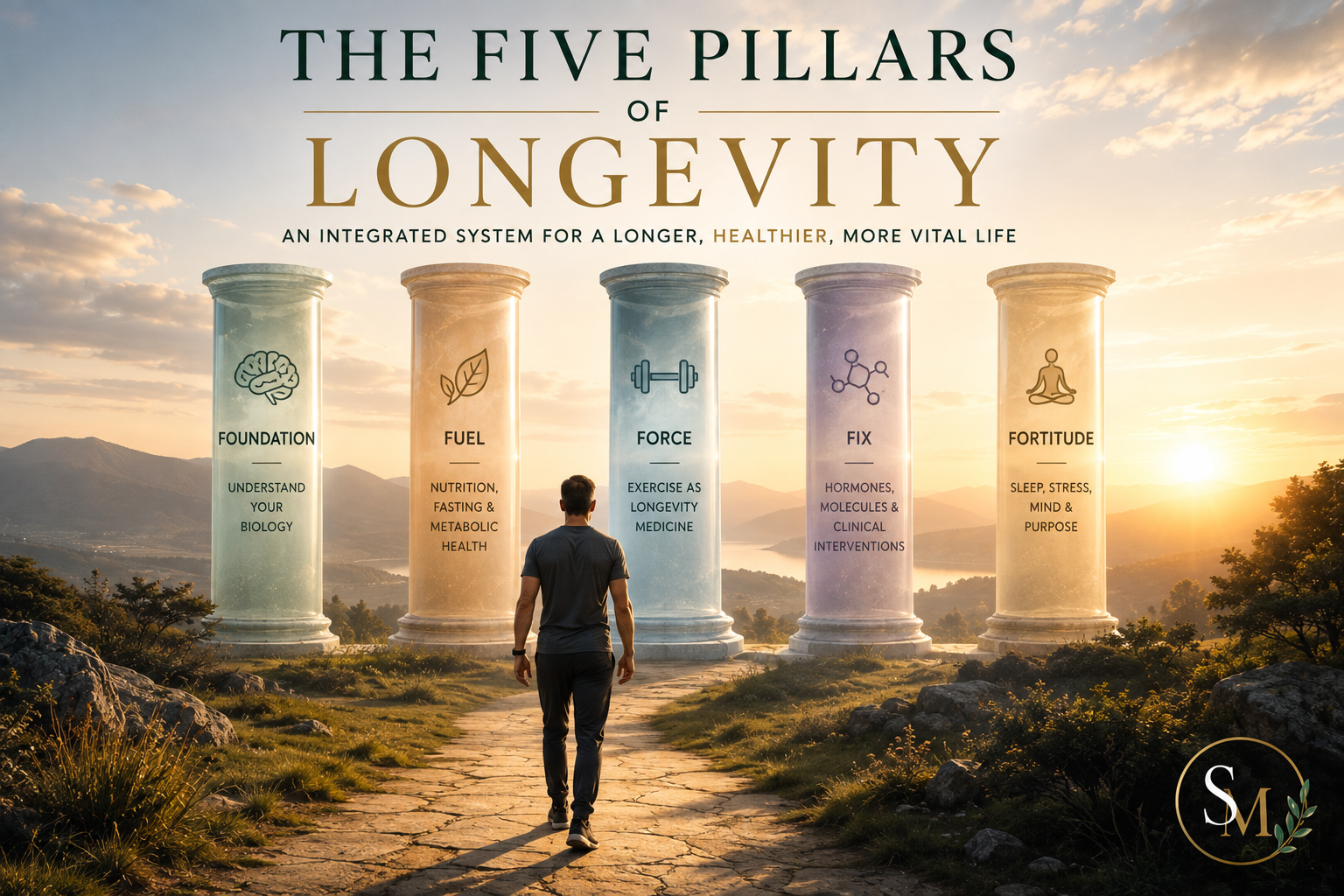 The Five Pillars of Longevity: Foundation, Fuel, Force, Fix, and Fortitude.