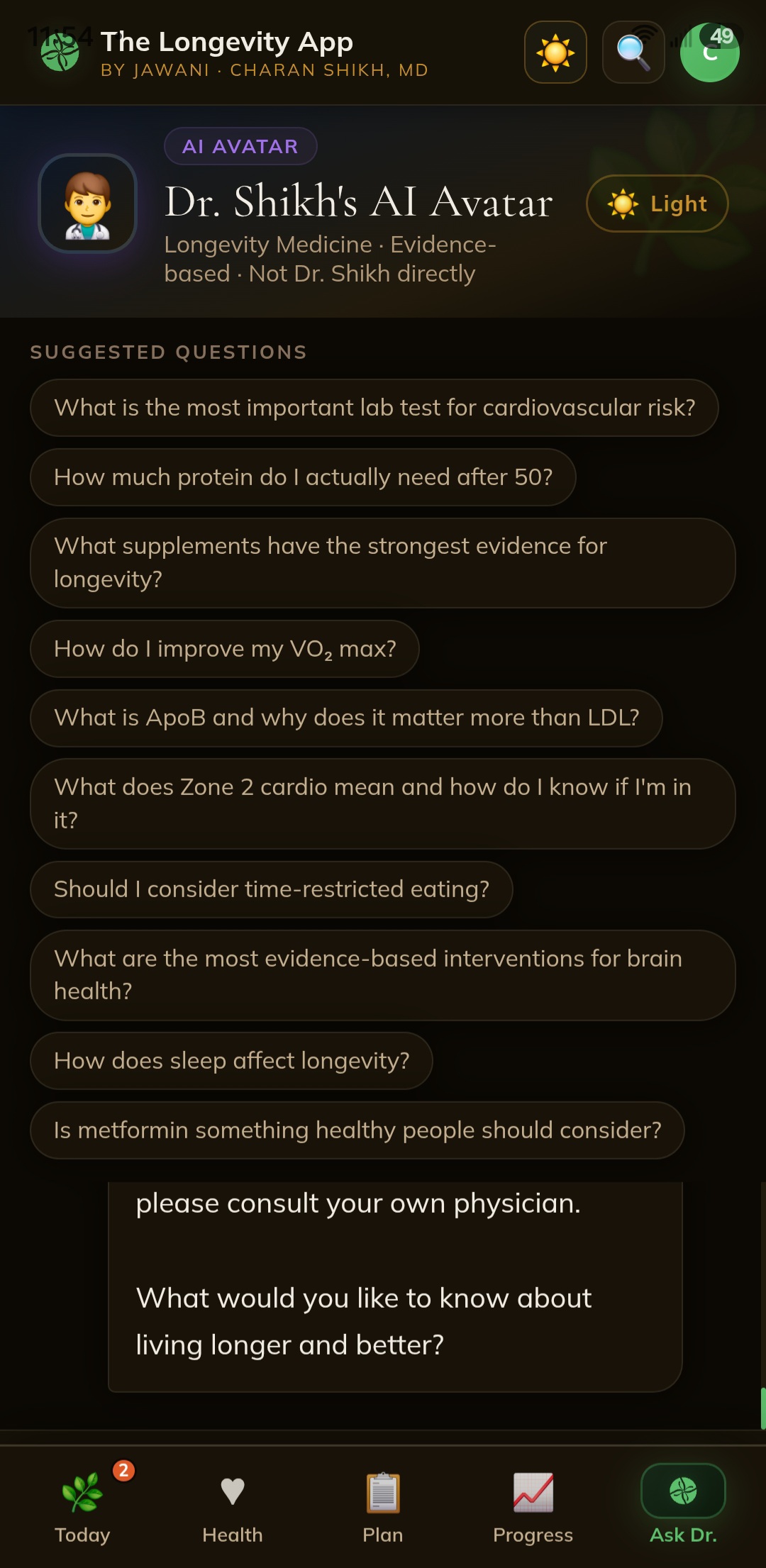 Ask Dr. Shikh AI avatar answering evidence-based longevity questions
