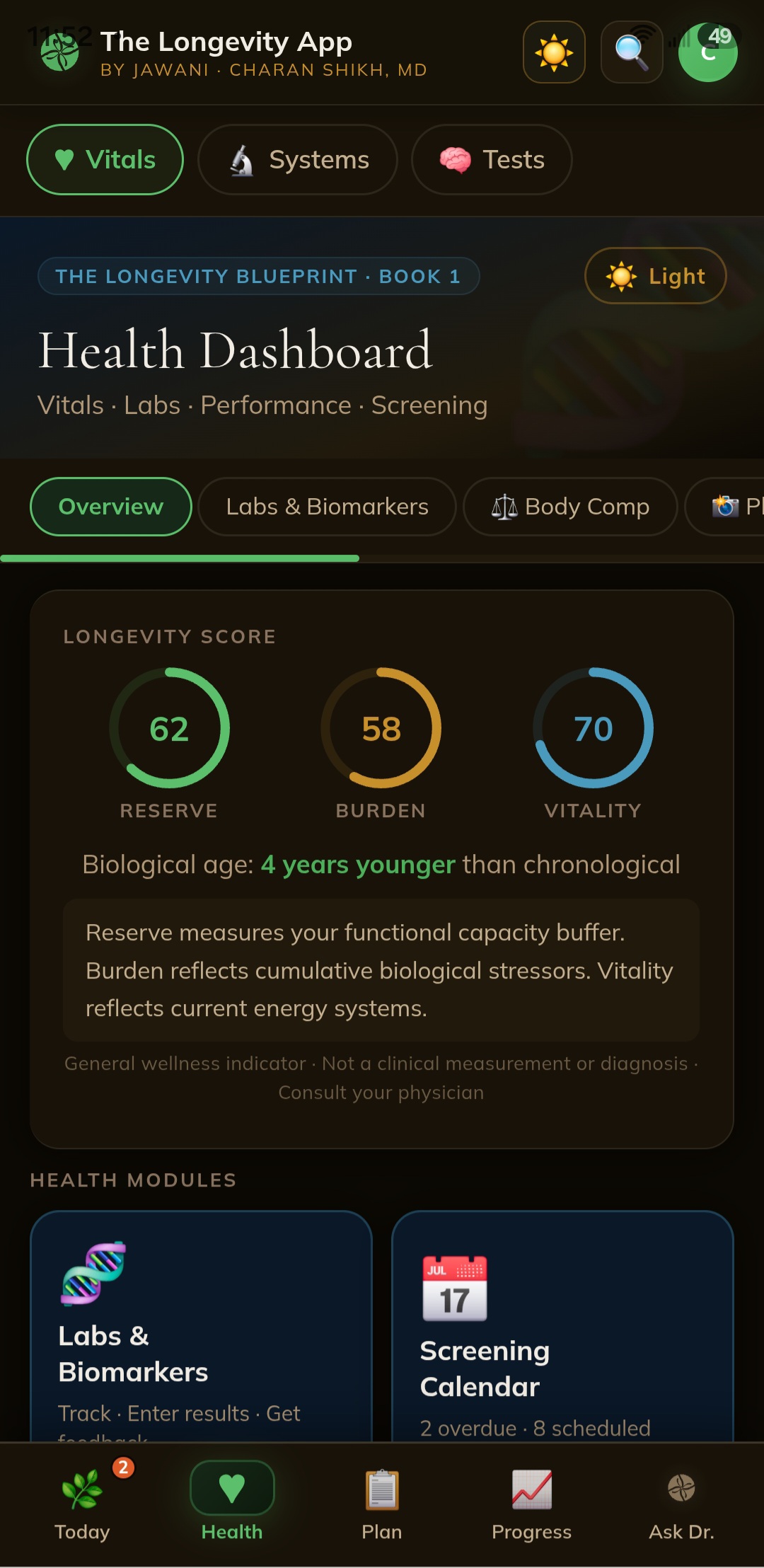 Longevity app health dashboard showing Reserve, Burden, Vitality scores and biological age