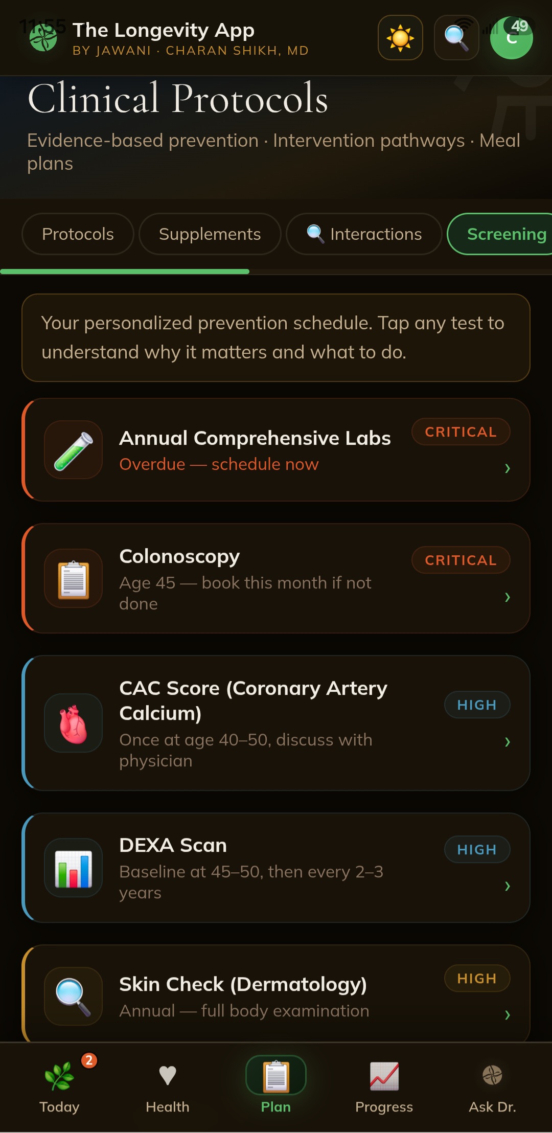 Preventive screening schedule with colonoscopy, CAC score, and DEXA scan reminders